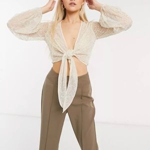 Pearl embellished crop tie front top
